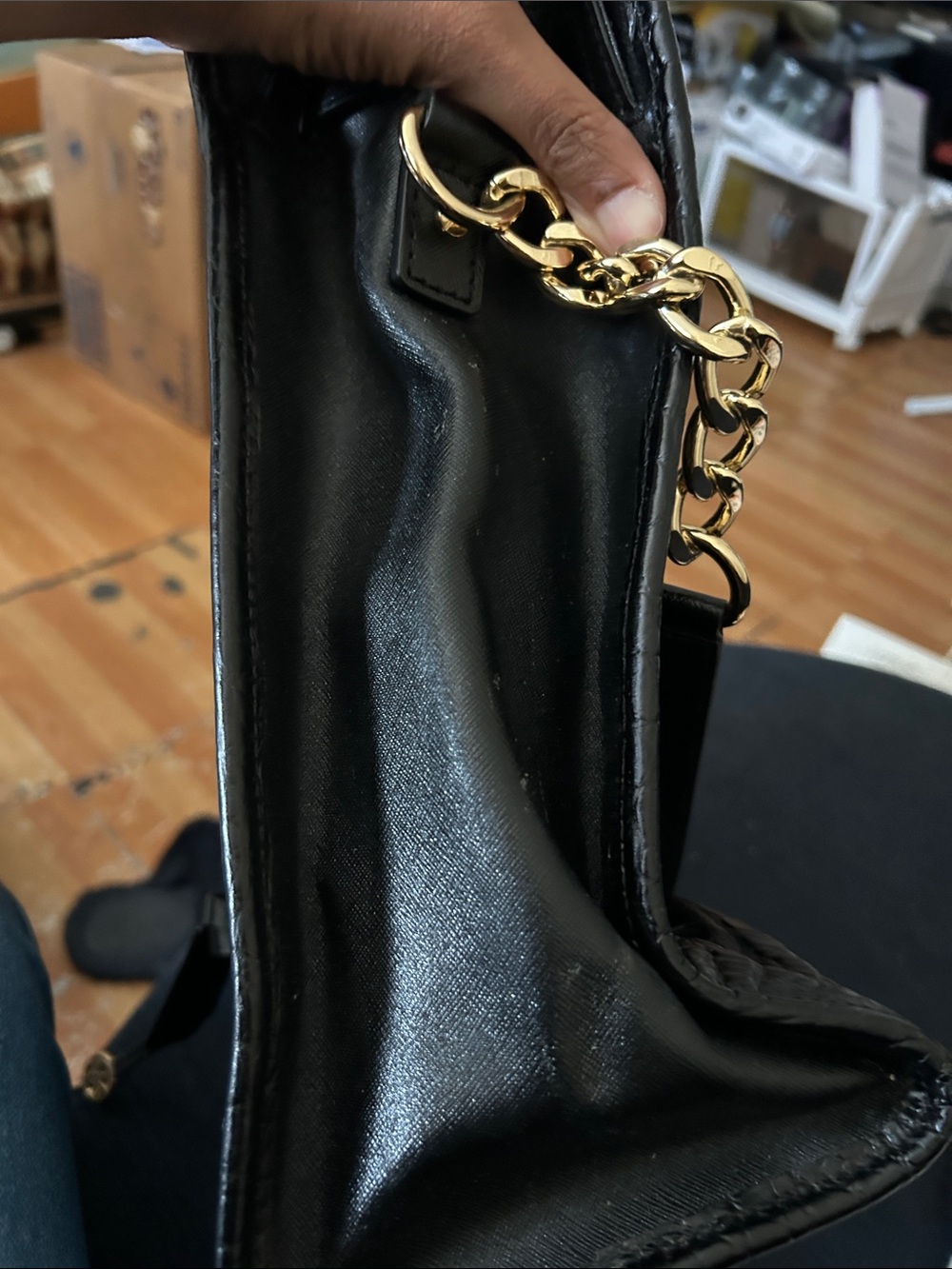 Michael Kors Black Mixed-Texture Tote with Gold Logo Lock - Picture 5 of 6